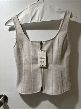 Sleeveless Zip-Front Corset Tank in Light Heather Oat